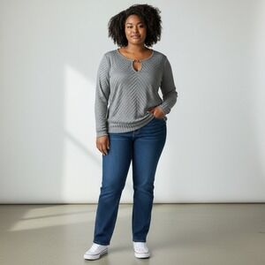 BCX Long Sleeve Top Silver Women's XL Ribbed Chic Office Cocktail Keyhole NWT‎